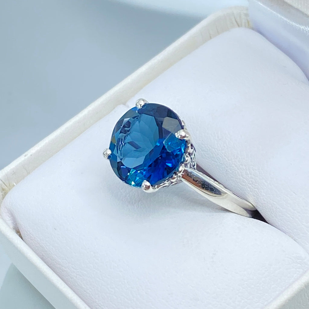 Natural London Blue Topaz Ring, K Design, Swirl Art Nouveau style sterling silver filigree, silver embrace jewelry, D4, K Ring
