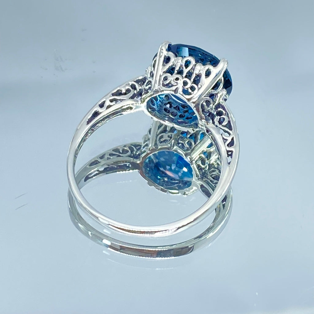 Natural London Blue Topaz Ring, K Design, Swirl Art Nouveau style sterling silver filigree, silver embrace jewelry, D4, K Ring