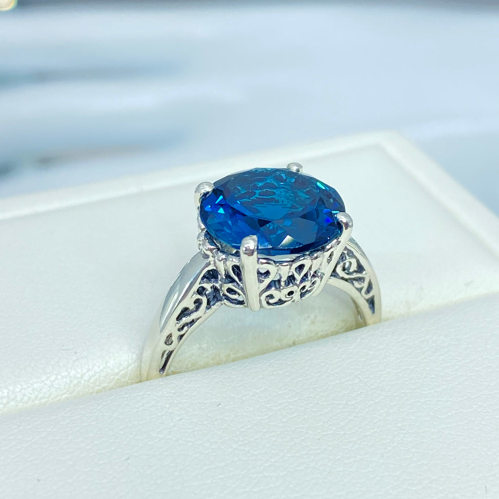 Natural London Blue Topaz Ring, K Design, Swirl Art Nouveau style sterling silver filigree, silver embrace jewelry, D4, K Ring