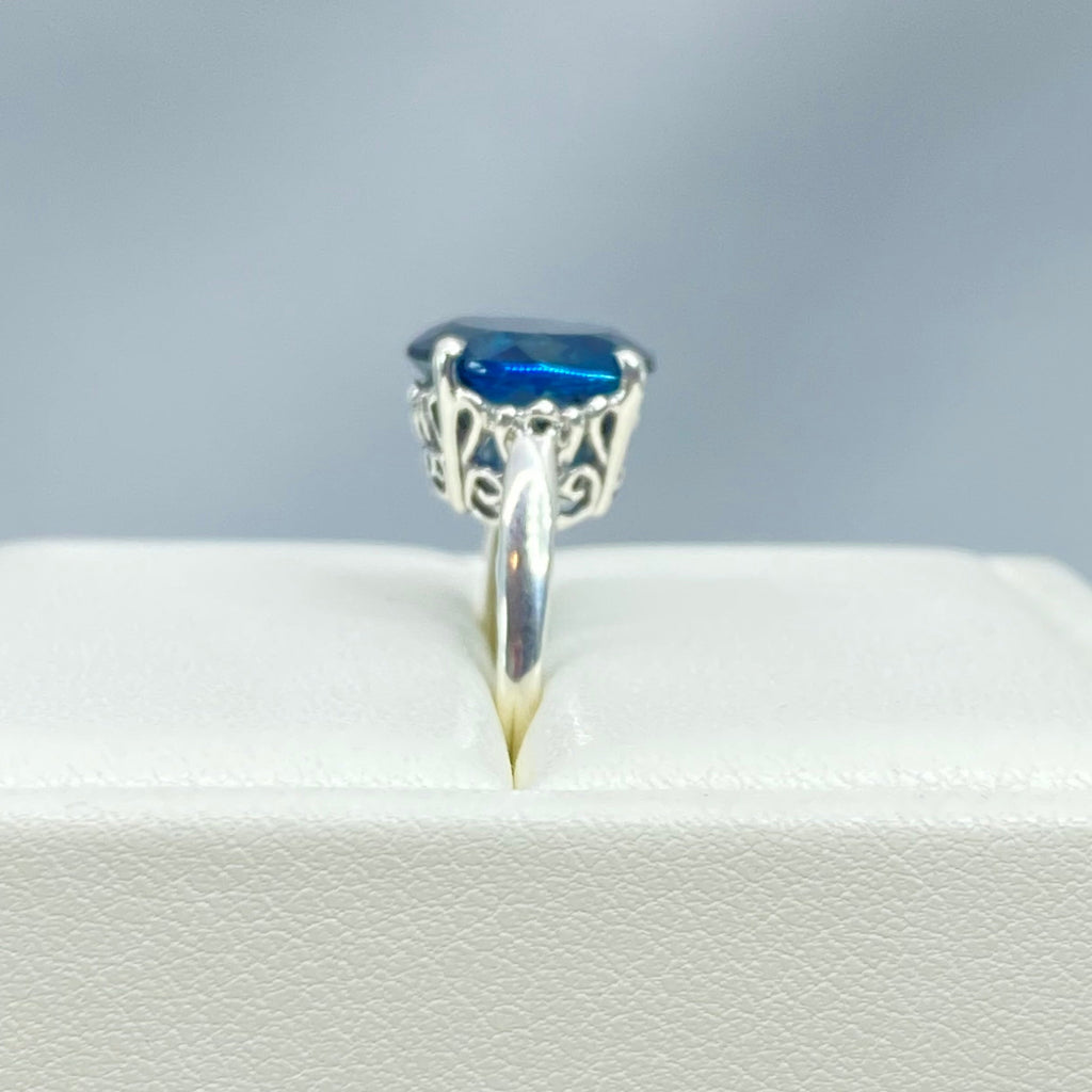 Natural London Blue Topaz Ring, K Design, Swirl Art Nouveau style sterling silver filigree, silver embrace jewelry, D4, K Ring