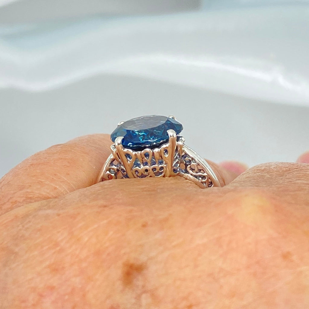 Natural London Blue Topaz Ring, K Design, Swirl Art Nouveau style sterling silver filigree, silver embrace jewelry, D4, K Ring