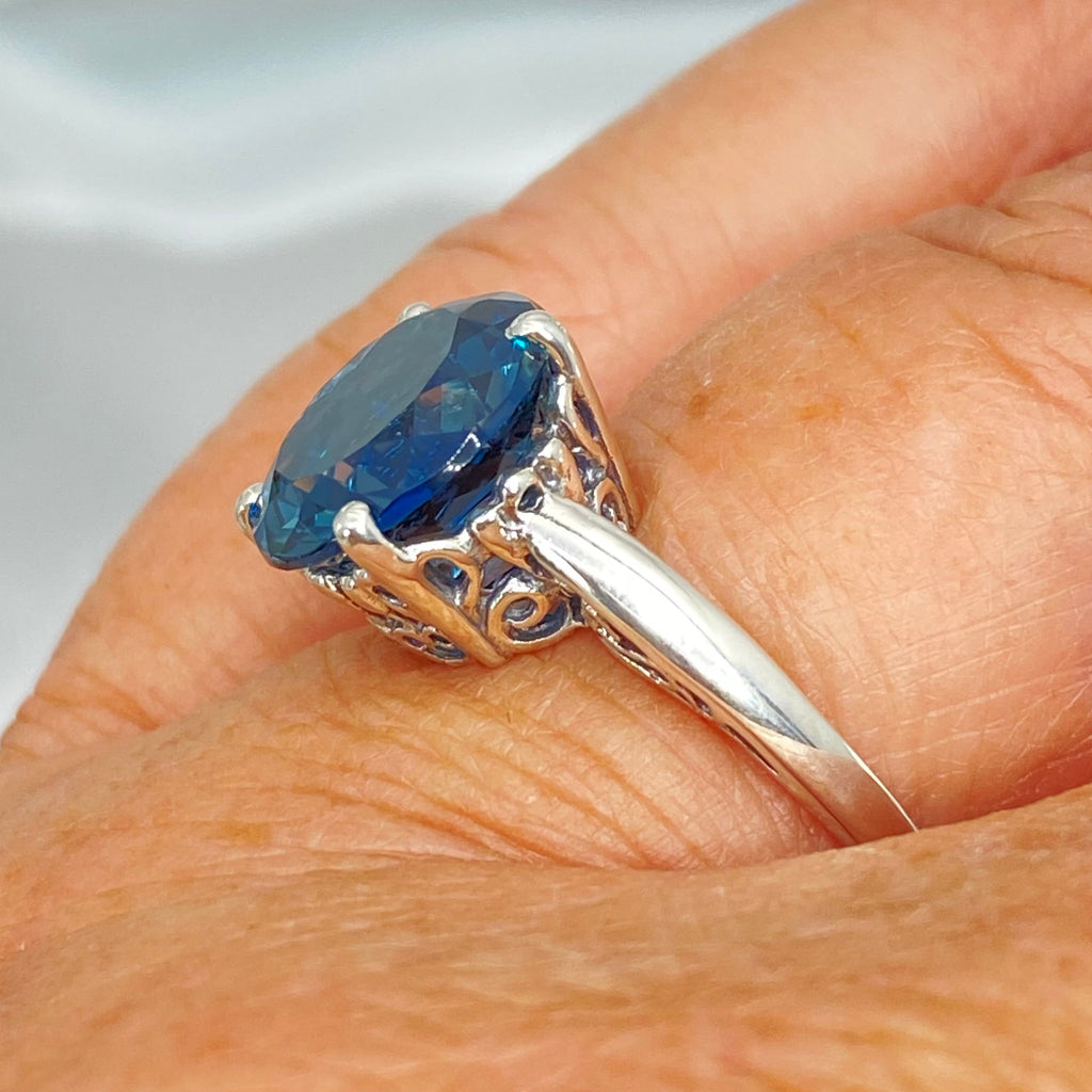 Natural London Blue Topaz Ring, K Design, Swirl Art Nouveau style sterling silver filigree, silver embrace jewelry, D4, K Ring