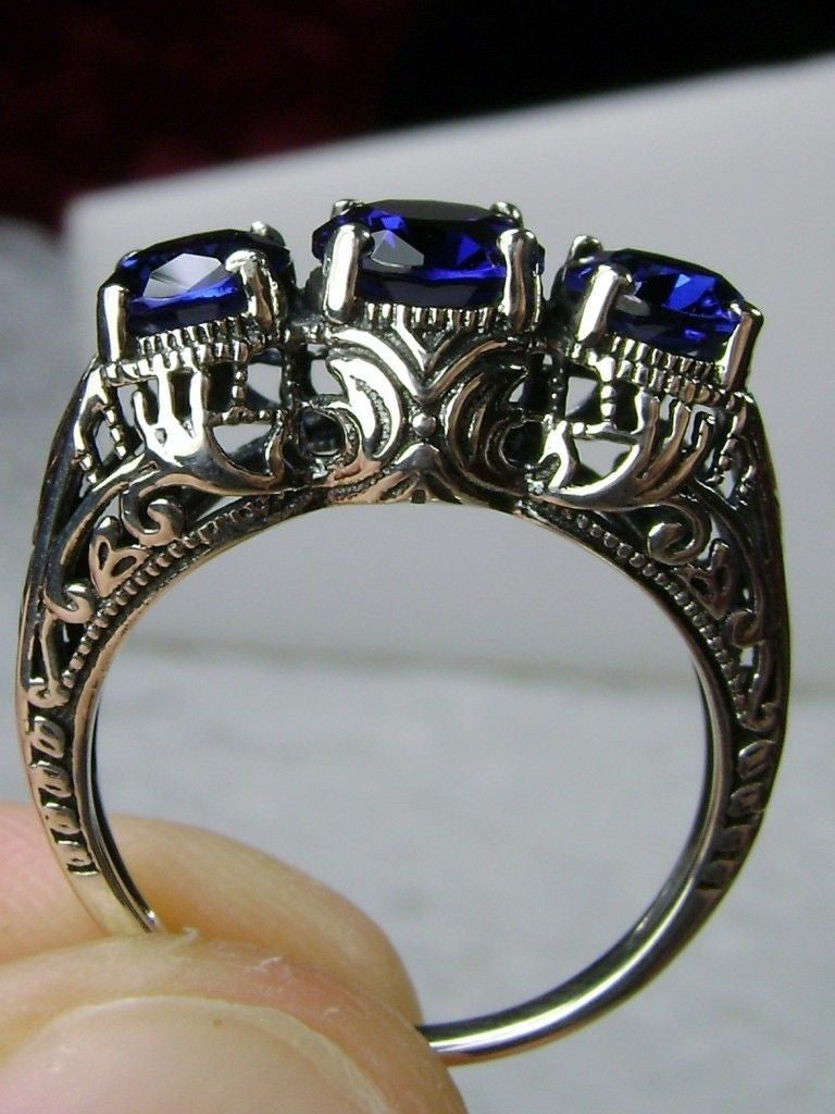 Simulated Blue Sapphire Ring, Art Deco Jewelry, Small 3 Stone Ring, Silver Embrace Jewelry, D41