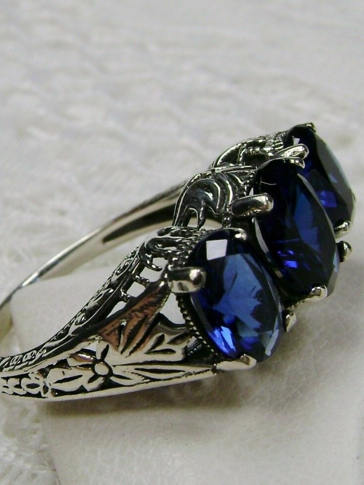 Simulated Blue Sapphire Ring, Art Deco Jewelry, Small 3 Stone Ring, Silver Embrace Jewelry, D41