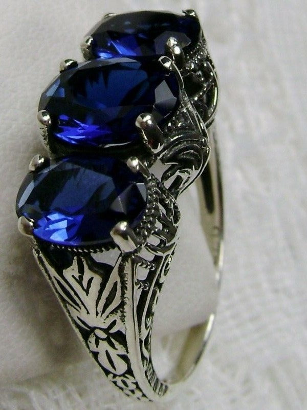 Simulated Blue Sapphire Ring, Art Deco Jewelry, Small 3 Stone Ring, Silver Embrace Jewelry, D41