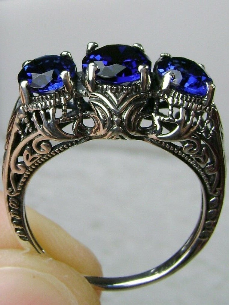 Simulated Blue Sapphire Ring, Art Deco Jewelry, Small 3 Stone Ring, Silver Embrace Jewelry, D41