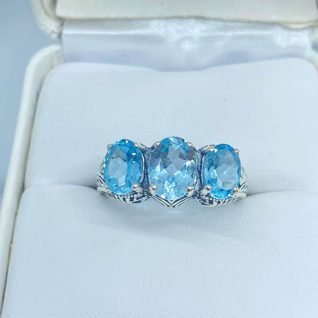 Natural Topaz Ring, Blue Topaz Gemstone ring with intricate sterling silver filigree, victorian style, D41, Silver Embrace Jewelry, Three Stone Ring