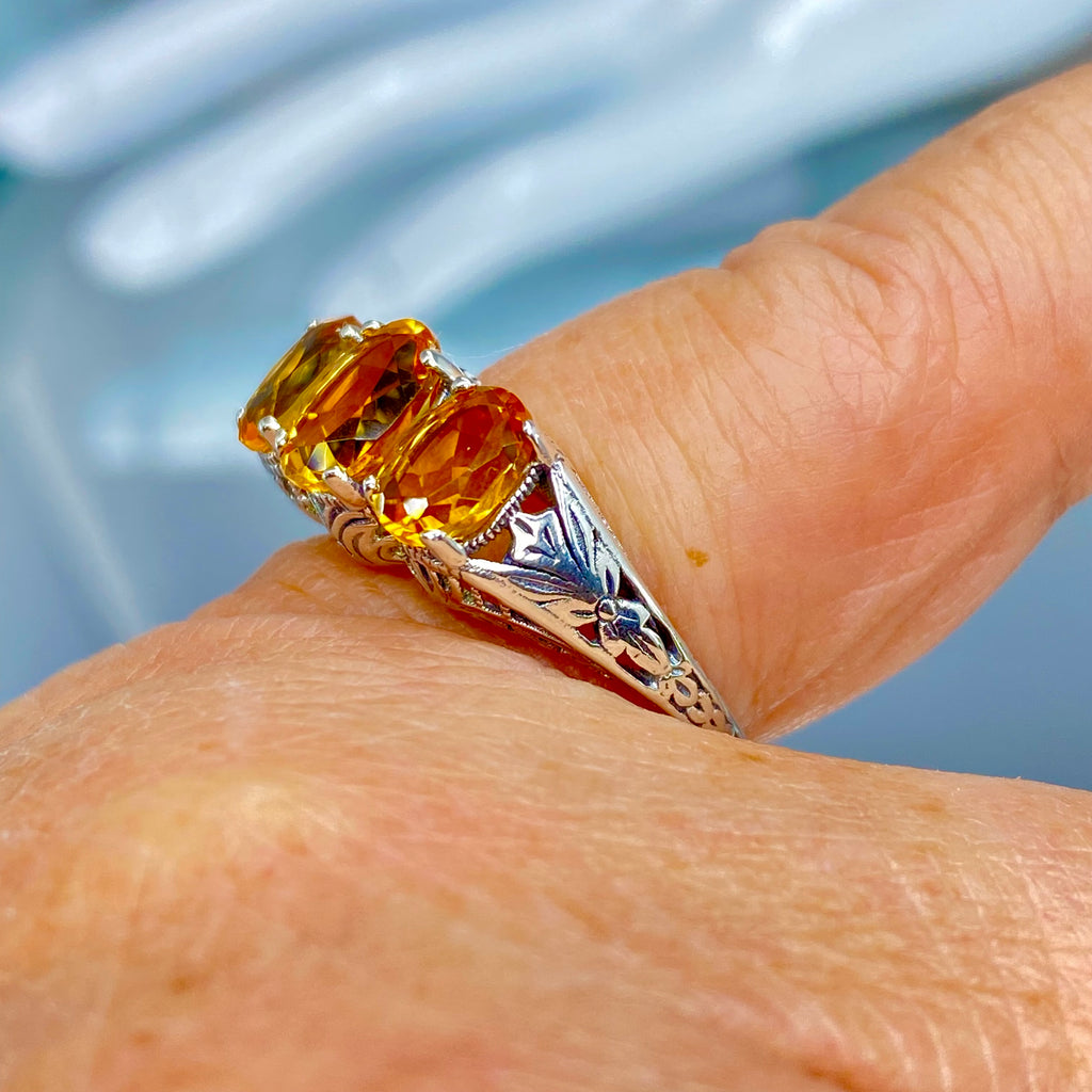 Orange Citrine Ring, Cognac Citrine ring, Sterling silver filigree, Art Deco style, trinity ring, Silver Embrace Jewelry, D41 small three stone