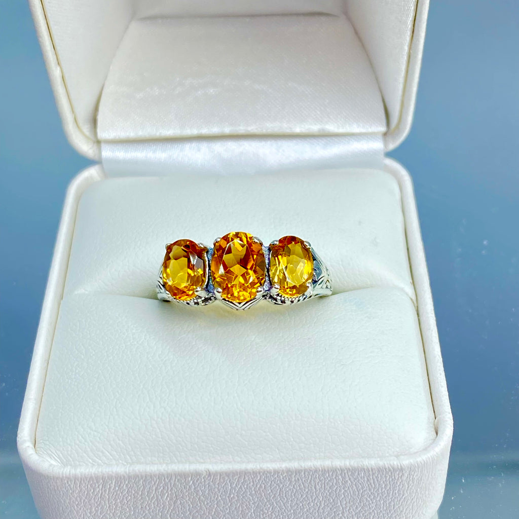 Orange Citrine Ring, Cognac Citrine ring, Sterling silver filigree, Art Deco style, trinity ring, Silver Embrace Jewelry, D41 small three stone