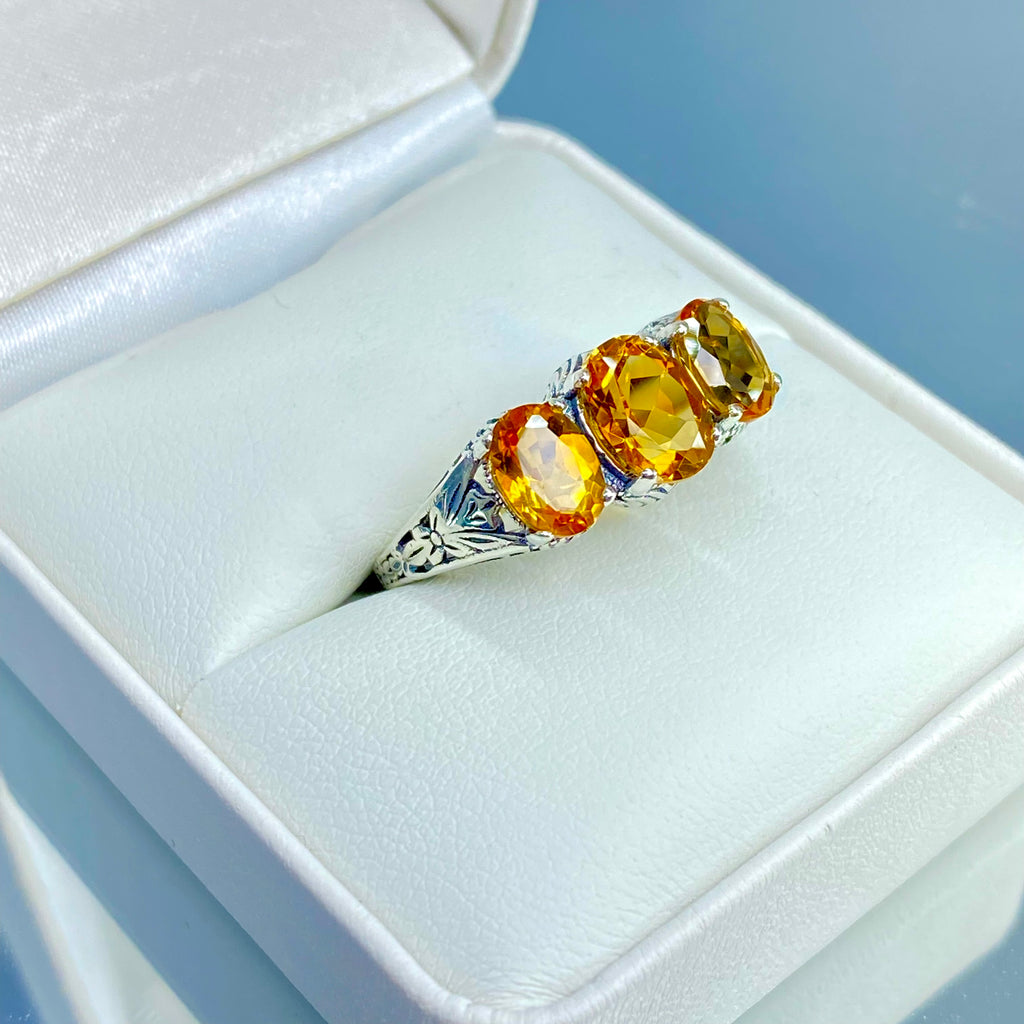 Orange Citrine Ring, Cognac Citrine ring, Sterling silver filigree, Art Deco style, trinity ring, Silver Embrace Jewelry, D41 small three stone