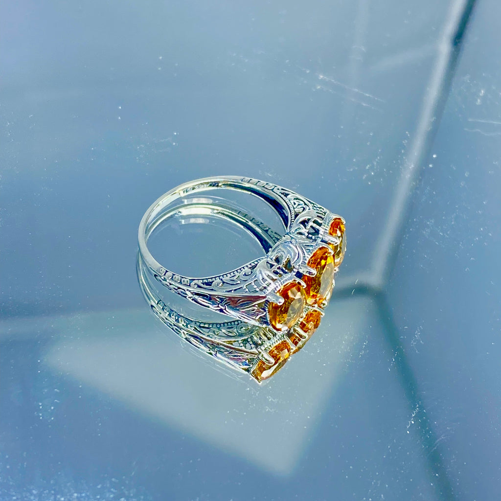 Orange Citrine Ring, Cognac Citrine ring, Sterling silver filigree, Art Deco style, trinity ring, Silver Embrace Jewelry, D41 small three stone