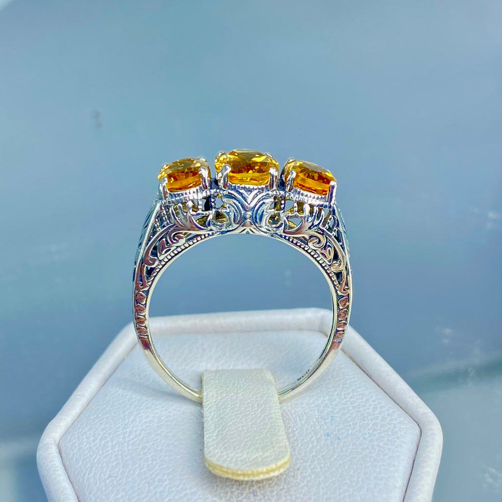 Orange Citrine Ring, Cognac Citrine ring, Sterling silver filigree, Art Deco style, trinity ring, Silver Embrace Jewelry, D41 small three stone