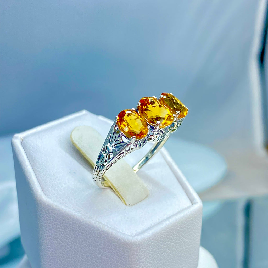 Orange Citrine Ring, Cognac Citrine ring, Sterling silver filigree, Art Deco style, trinity ring, Silver Embrace Jewelry, D41 small three stone