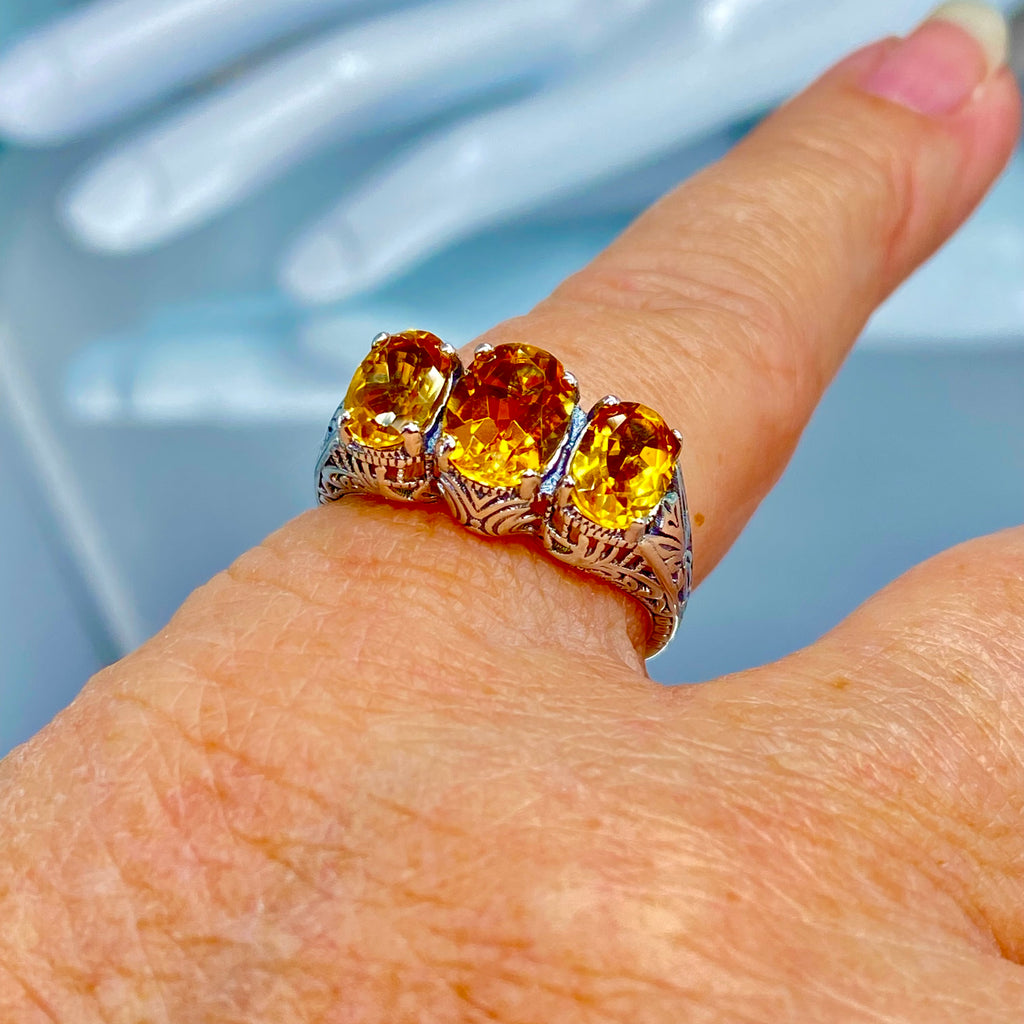 Orange Citrine Ring, Cognac Citrine ring, Sterling silver filigree, Art Deco style, trinity ring, Silver Embrace Jewelry, D41 small three stone