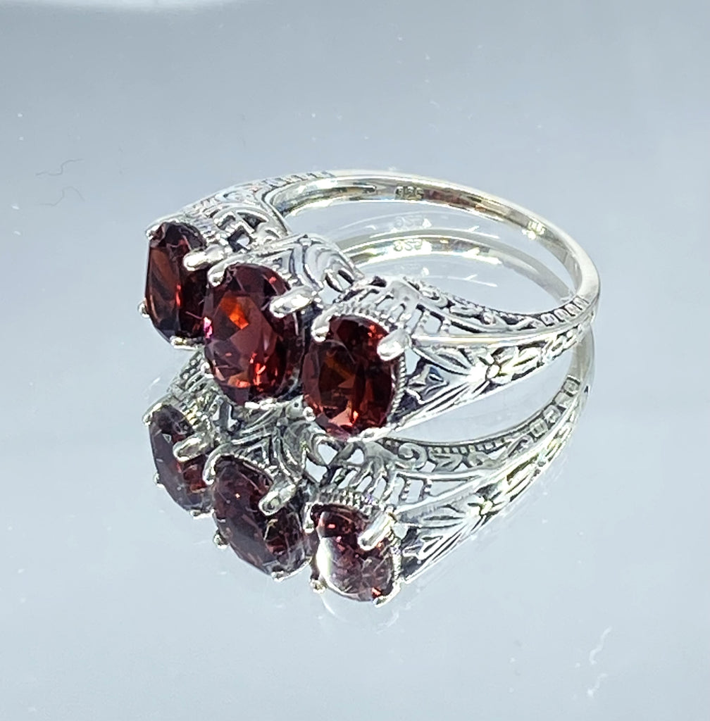Natural Red Garnet Trinity 3 stone Ring, Sterling silver filigree, antique jewelry, silver embrace Jewelry, D41
