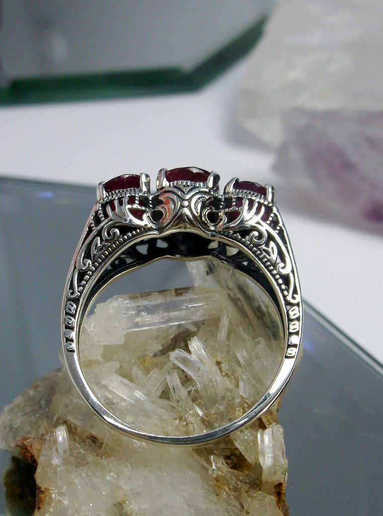 Natural Red Ruby Trinity 3 stone Ring, Sterling silver filigree, antique jewelry, silver embrace Jewelry, D41