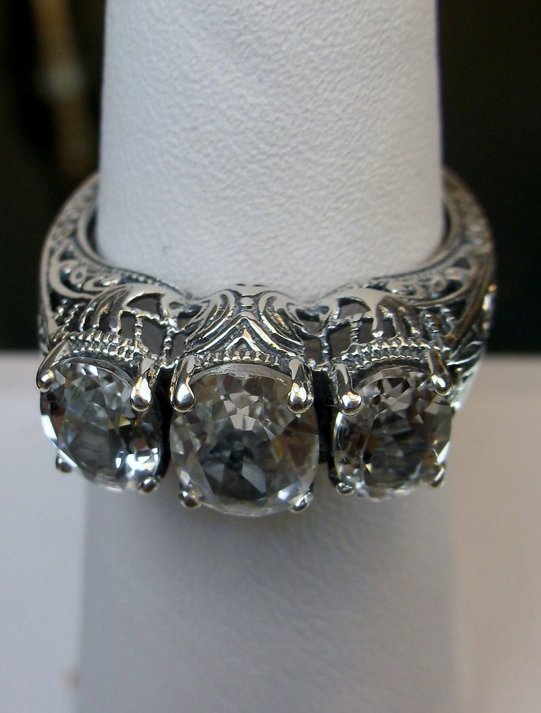 Natural White Topaz Trinity 3 stone Ring, Sterling silver filigree, antique jewelry, silver embrace Jewelry, D41