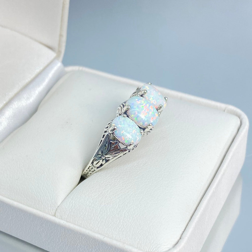 Opal Ring, Small 3 Stone Sterling Silver Filigree, Rainbow opals, Art Deco Jewelry, Silver Embrace Jewelry, D41