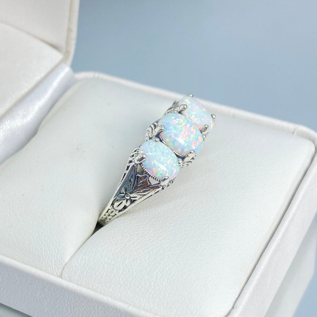 Opal Ring, Small 3 Stone Sterling Silver Filigree, Rainbow opals, Art Deco Jewelry, Silver Embrace Jewelry, D41