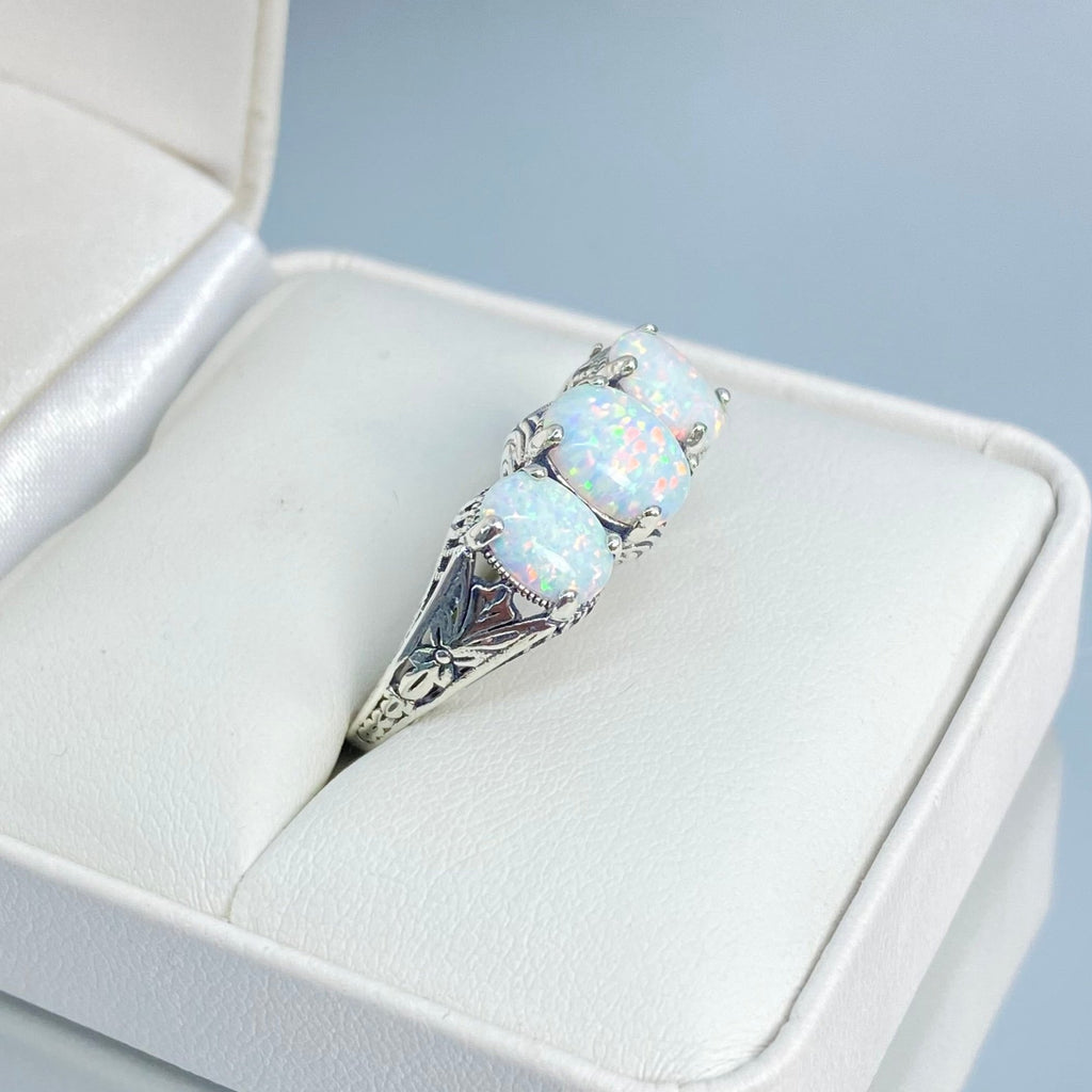 Opal Ring, Small 3 Stone Sterling Silver Filigree, Rainbow opals, Art Deco Jewelry, Silver Embrace Jewelry, D41