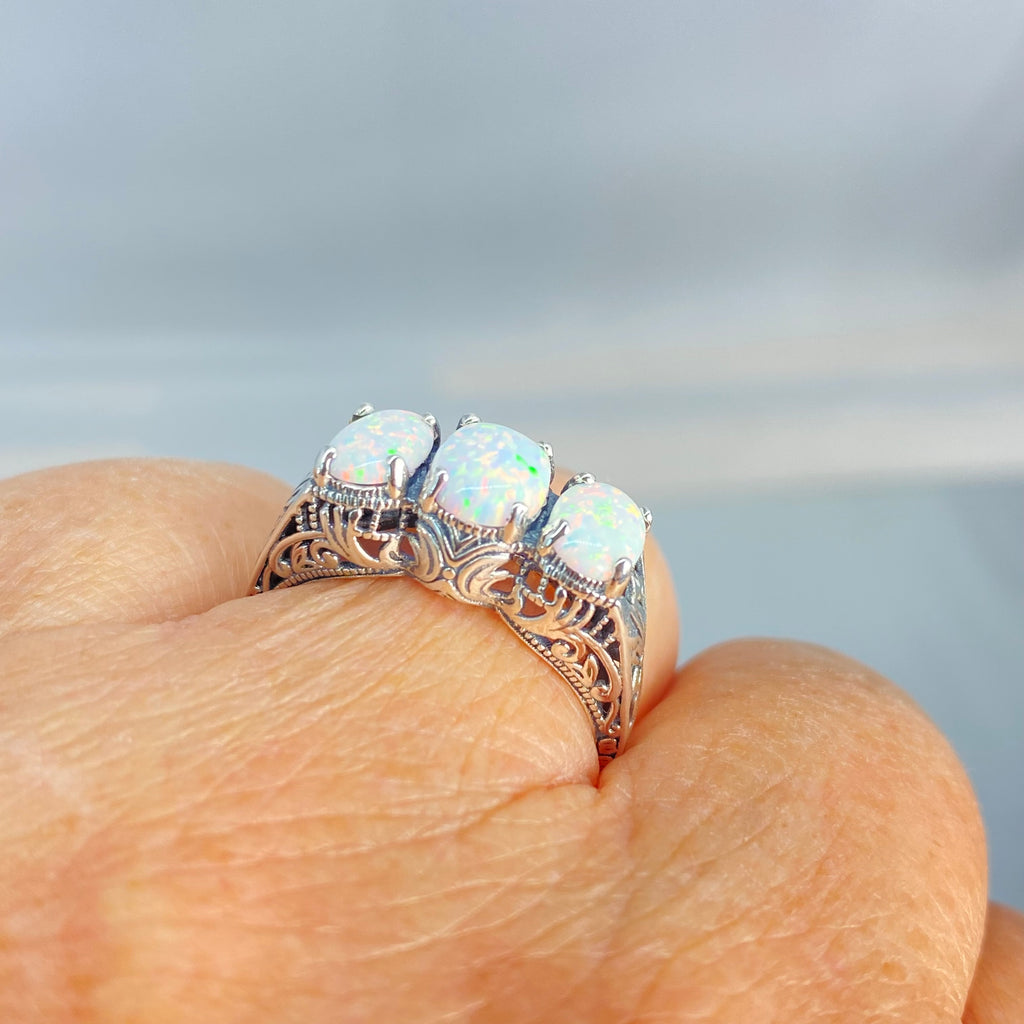 Opal Ring, Small 3 Stone Sterling Silver Filigree, Rainbow opals, Art Deco Jewelry, Silver Embrace Jewelry, D41