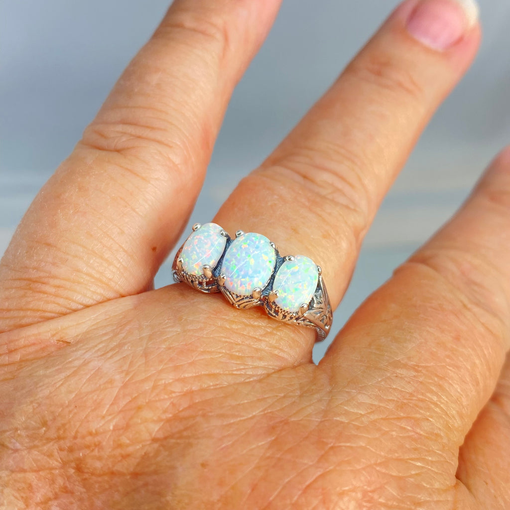 Opal Ring, Small 3 Stone Sterling Silver Filigree, Rainbow opals, Art Deco Jewelry, Silver Embrace Jewelry, D41