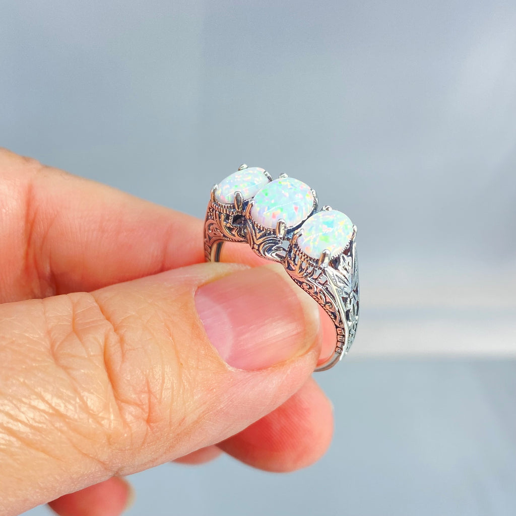 Opal Ring, Small 3 Stone Sterling Silver Filigree, Rainbow opals, Art Deco Jewelry, Silver Embrace Jewelry, D41