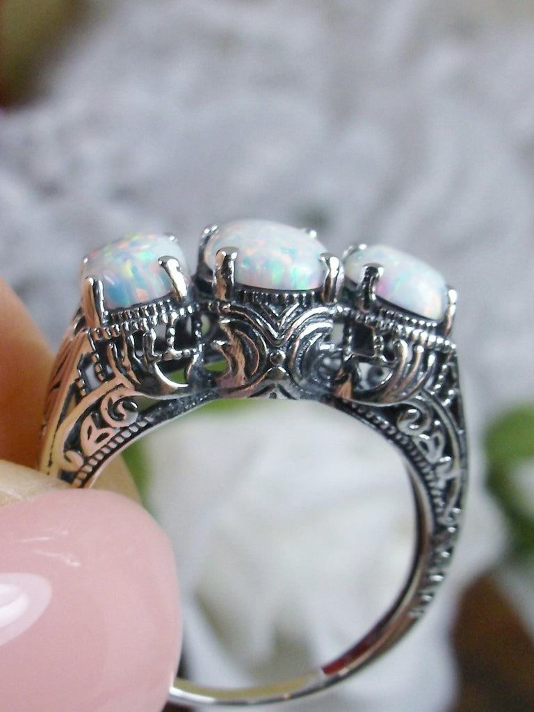 Three stone sterling silver cocktail ring with 3 (three) rainbow opals, sterling silver filigree Art Deco Jewelry, Silver Embrace Jewelry