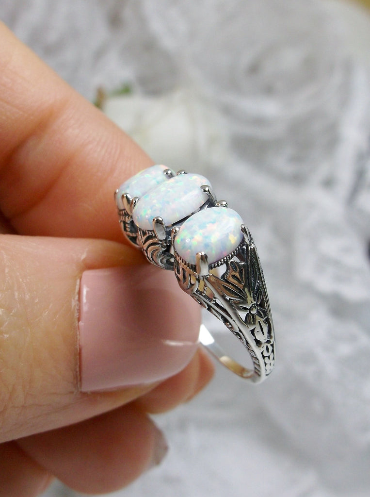 Three stone sterling silver cocktail ring with 3 (three) rainbow opals, sterling silver filigree Art Deco Jewelry, Silver Embrace Jewelry