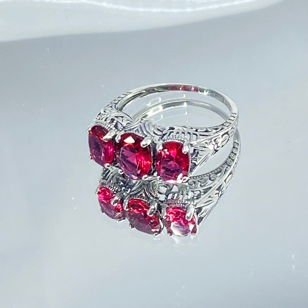 Simulated Red Ruby Trinity 3 stone Ring, Sterling silver filigree, antique jewelry, silver embrace Jewelry, D41