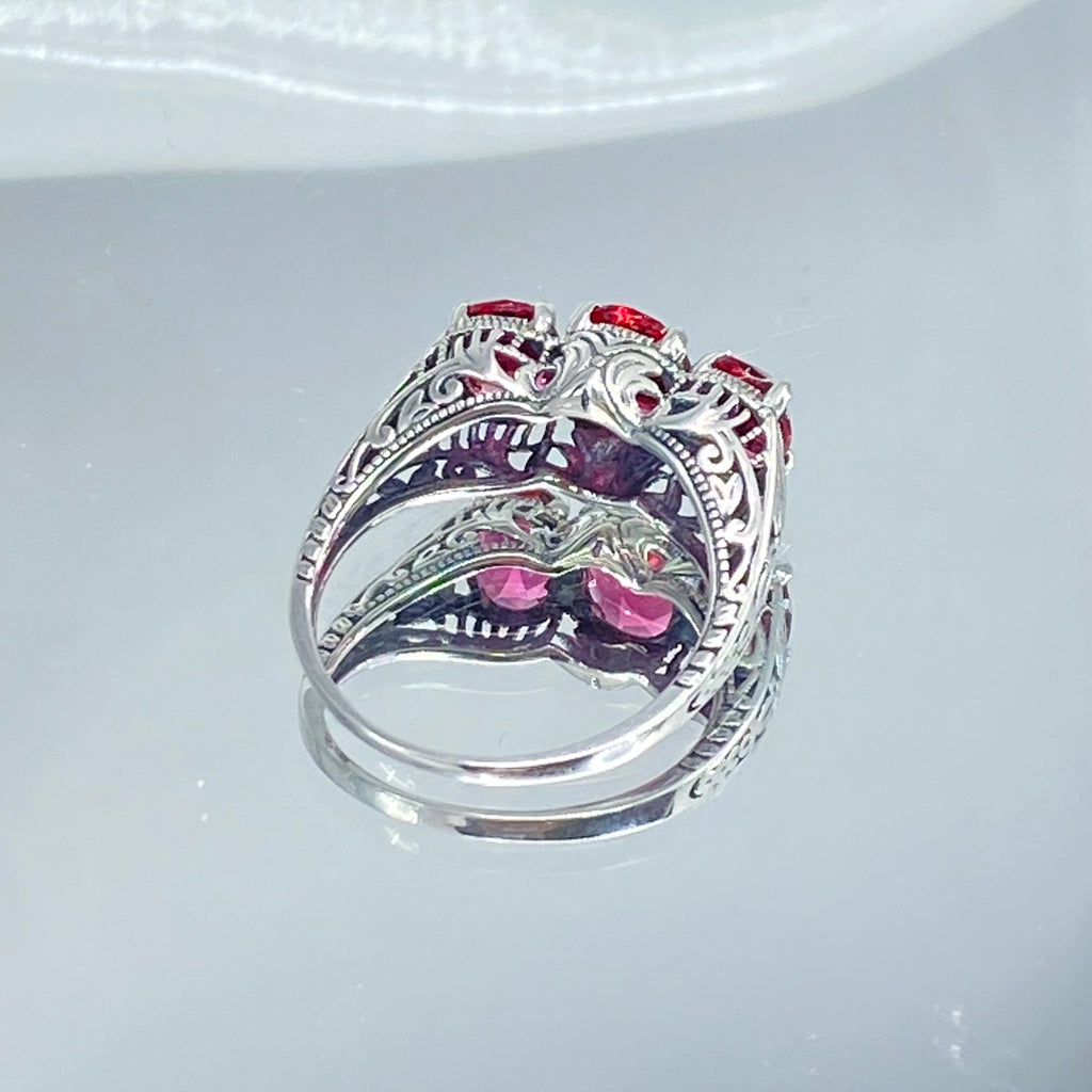 Simulated Red Ruby Trinity 3 stone Ring, Sterling silver filigree, antique jewelry, silver embrace Jewelry, D41