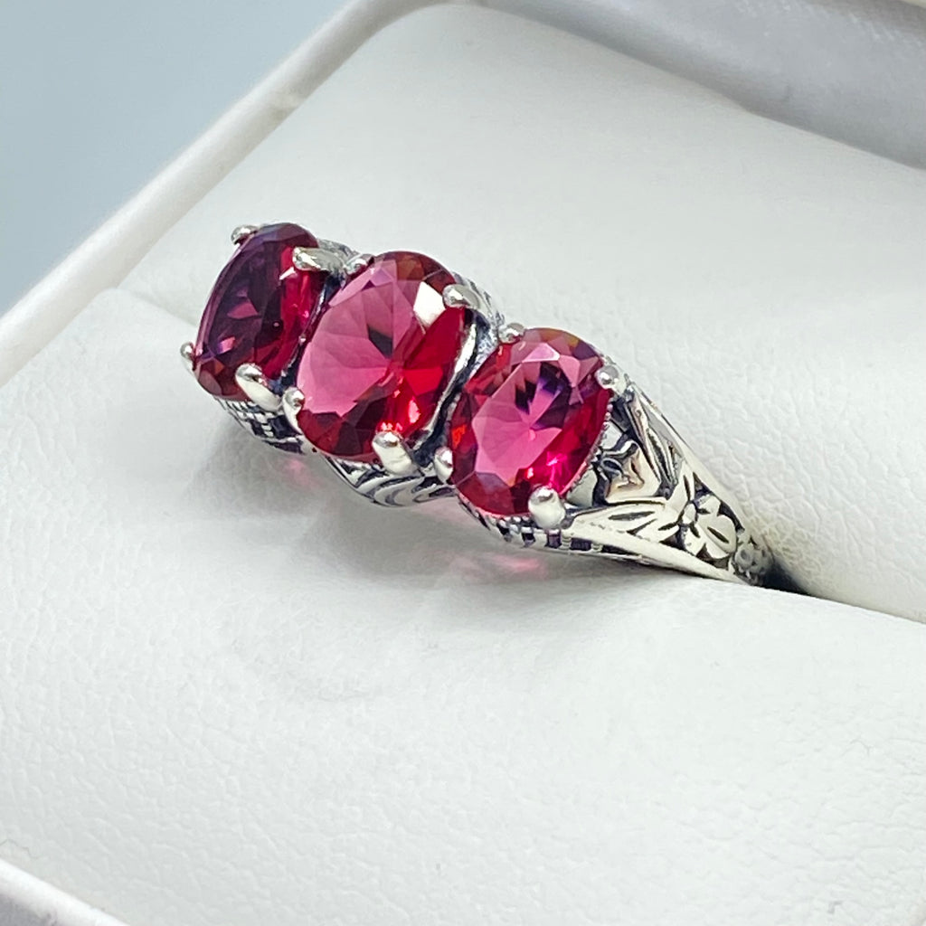 Simulated Red Ruby Trinity 3 stone Ring, Sterling silver filigree, antique jewelry, silver embrace Jewelry, D41