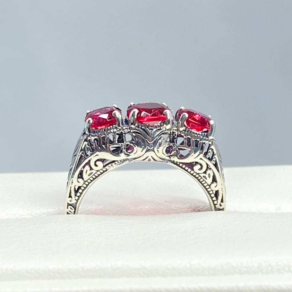 Simulated Red Ruby Trinity 3 stone Ring, Sterling silver filigree, antique jewelry, silver embrace Jewelry, D41