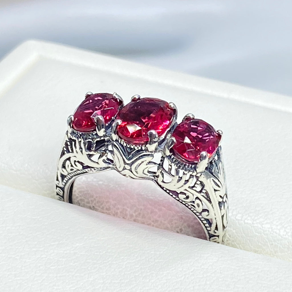 Simulated Red Ruby Trinity 3 stone Ring, Sterling silver filigree, antique jewelry, silver embrace Jewelry, D41