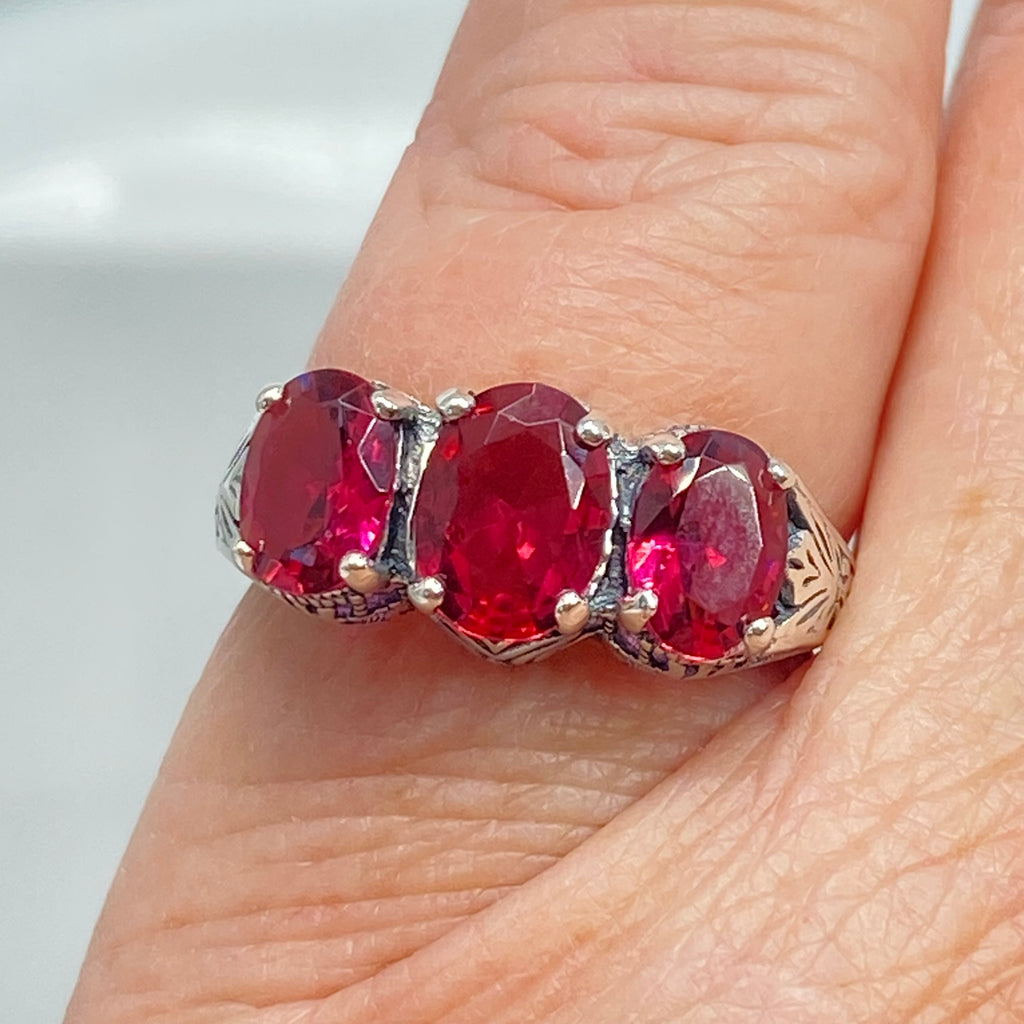 Simulated Red Ruby Trinity 3 stone Ring, Sterling silver filigree, antique jewelry, silver embrace Jewelry, D41