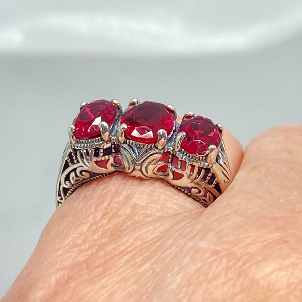 Simulated Red Ruby Trinity 3 stone Ring, Sterling silver filigree, antique jewelry, silver embrace Jewelry, D41