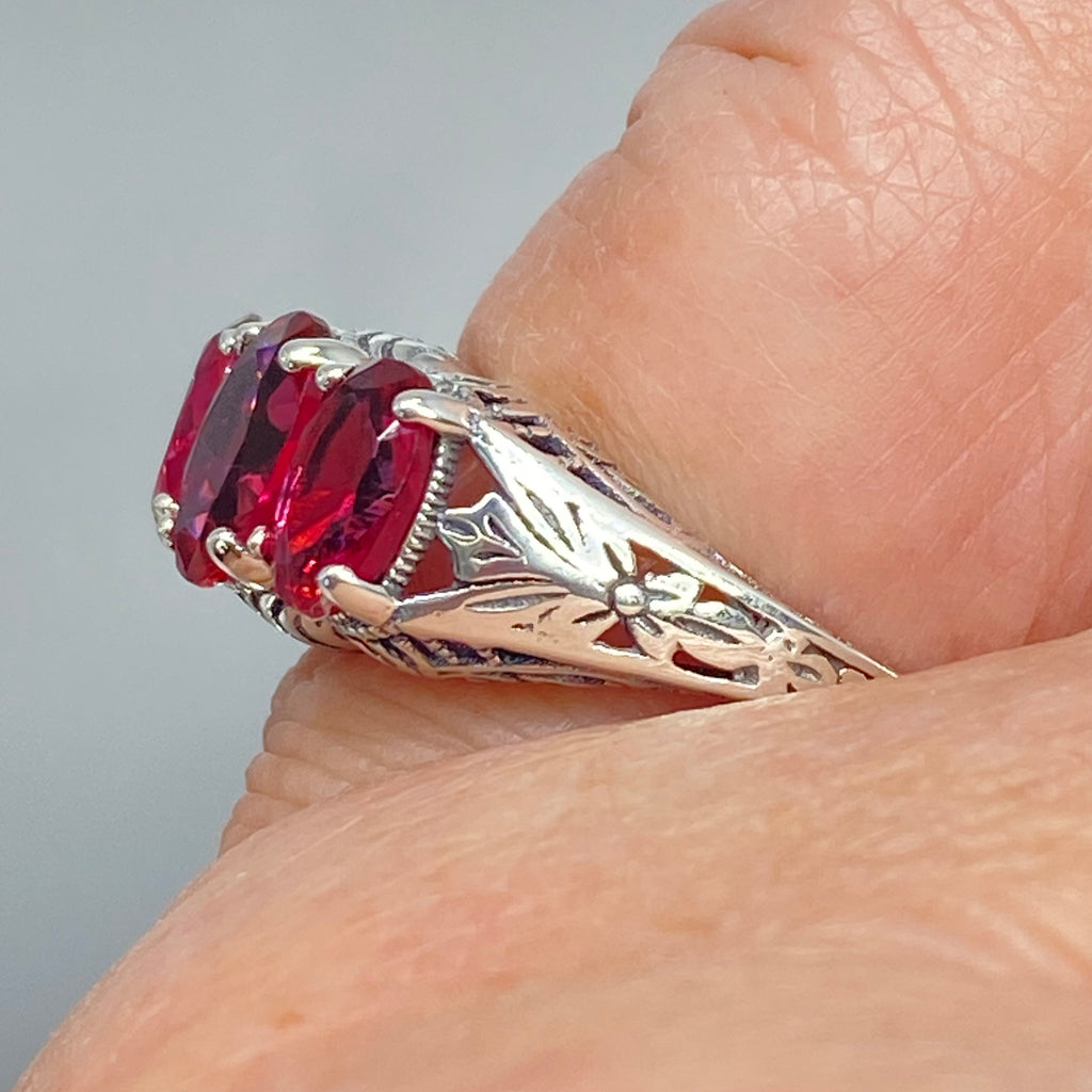 Simulated Red Ruby Trinity 3 stone Ring, Sterling silver filigree, antique jewelry, silver embrace Jewelry, D41