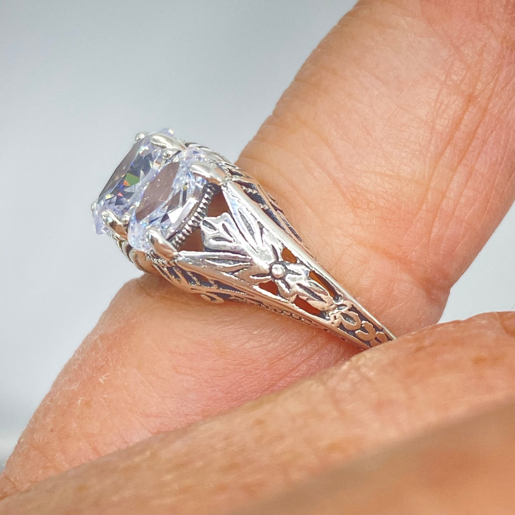 White Cubic Zirconia Ring, Triple CZ gems, sterling silver filigree, Art Deco Jewelry, Silver Embrace Jewelry, D41, Small 3 Stone