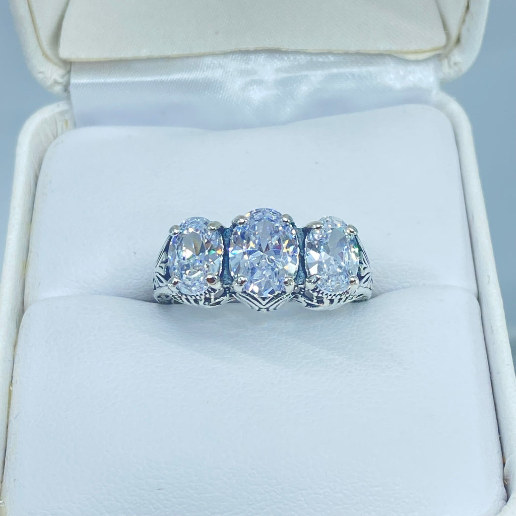 White Cubic Zirconia Ring, Triple CZ gems, sterling silver filigree, Art Deco Jewelry, Silver Embrace Jewelry, D41, Small 3 Stone