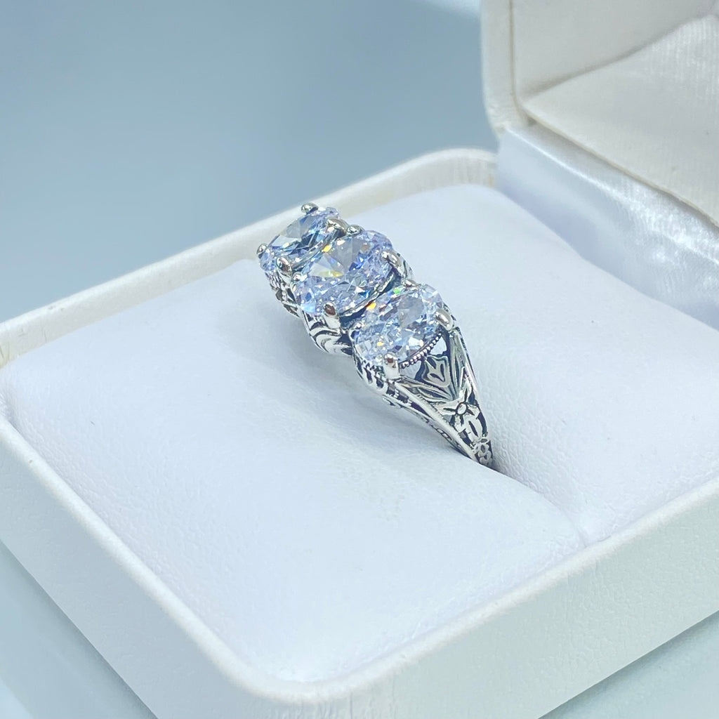 White Cubic Zirconia Ring, Triple CZ gems, sterling silver filigree, Art Deco Jewelry, Silver Embrace Jewelry, D41, Small 3 Stone