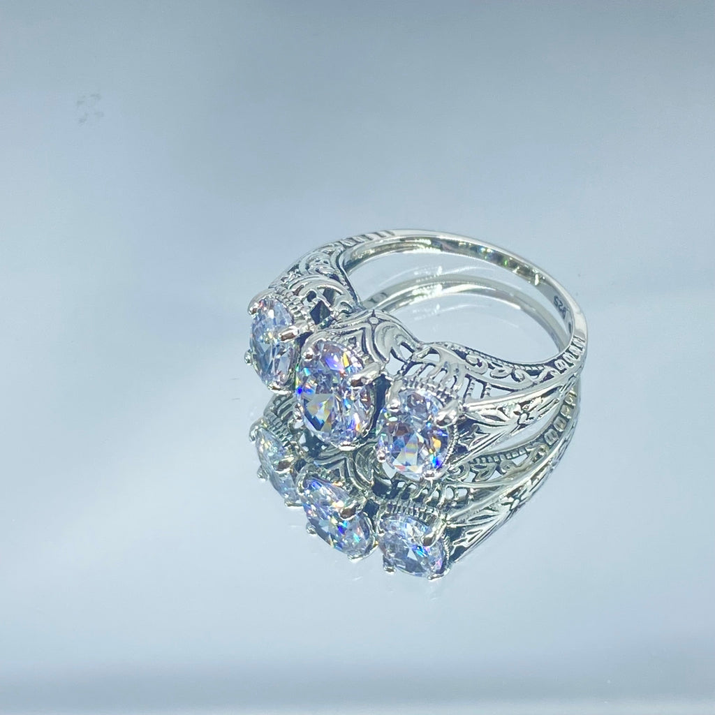 White Cubic Zirconia Ring, Triple CZ gems, sterling silver filigree, Art Deco Jewelry, Silver Embrace Jewelry, D41, Small 3 Stone