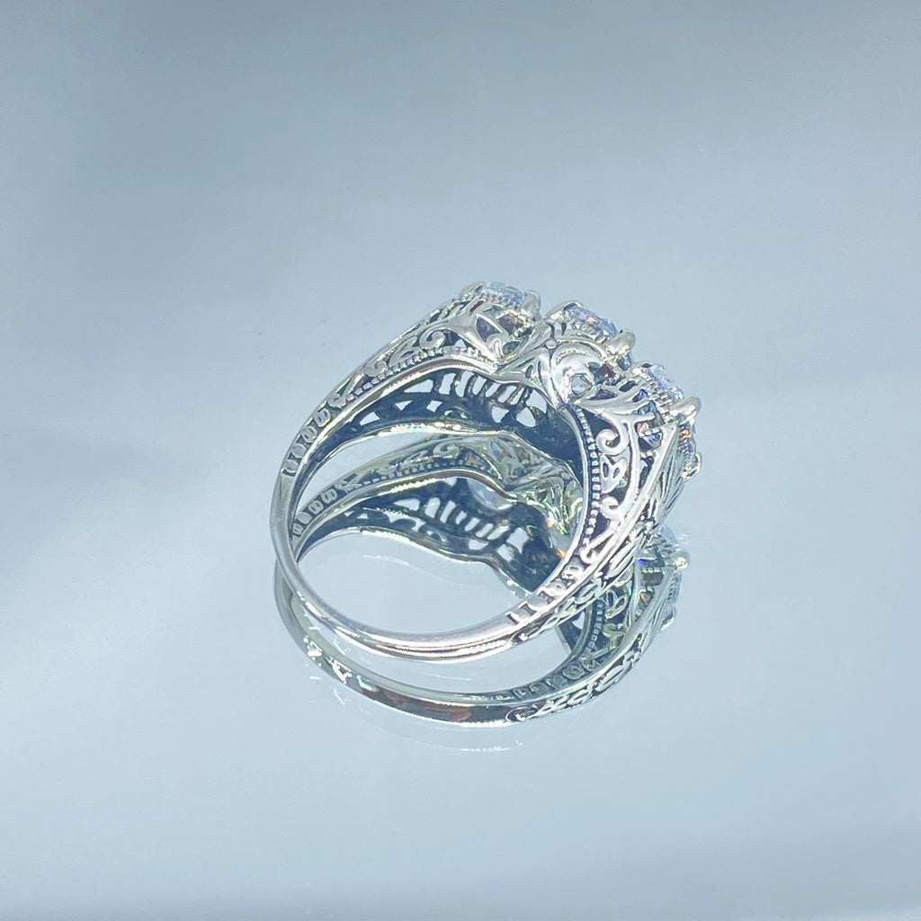 White Cubic Zirconia Ring, Triple CZ gems, sterling silver filigree, Art Deco Jewelry, Silver Embrace Jewelry, D41, Small 3 Stone