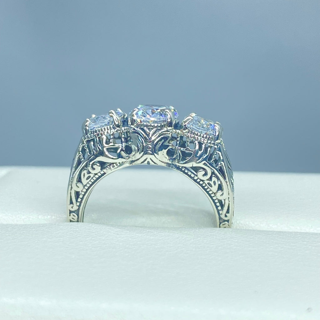 White Cubic Zirconia Ring, Triple CZ gems, sterling silver filigree, Art Deco Jewelry, Silver Embrace Jewelry, D41, Small 3 Stone