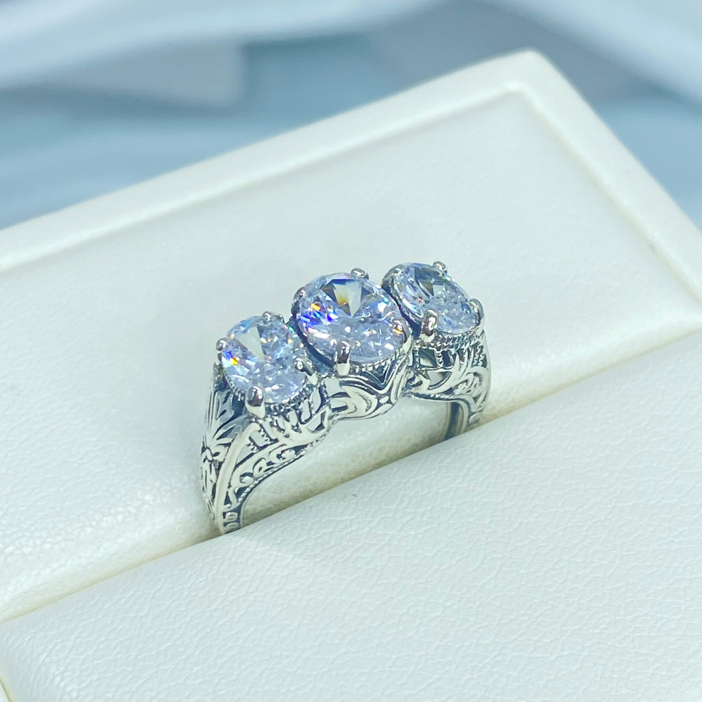 White Cubic Zirconia Ring, Triple CZ gems, sterling silver filigree, Art Deco Jewelry, Silver Embrace Jewelry, D41, Small 3 Stone