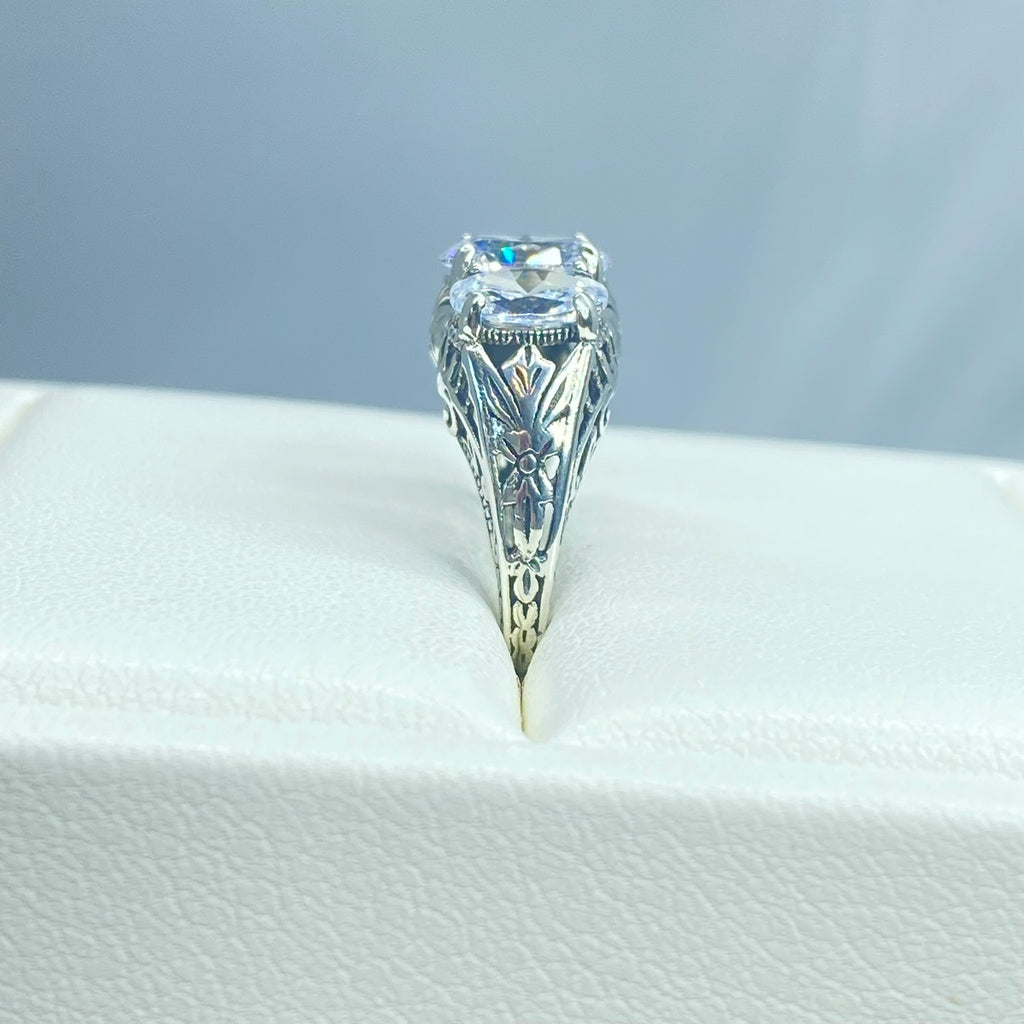 White Cubic Zirconia Ring, Triple CZ gems, sterling silver filigree, Art Deco Jewelry, Silver Embrace Jewelry, D41, Small 3 Stone