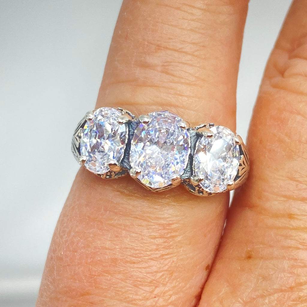 White Cubic Zirconia Ring, Triple CZ gems, sterling silver filigree, Art Deco Jewelry, Silver Embrace Jewelry, D41, Small 3 Stone