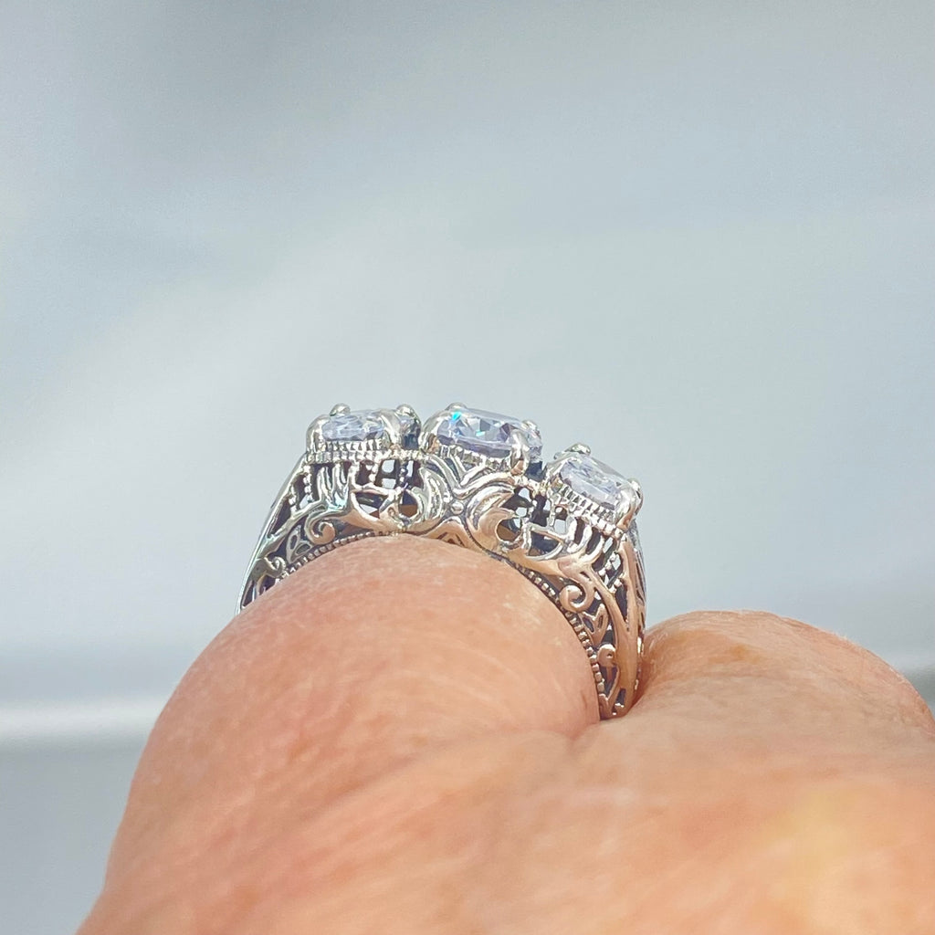 White Cubic Zirconia Ring, Triple CZ gems, sterling silver filigree, Art Deco Jewelry, Silver Embrace Jewelry, D41, Small 3 Stone