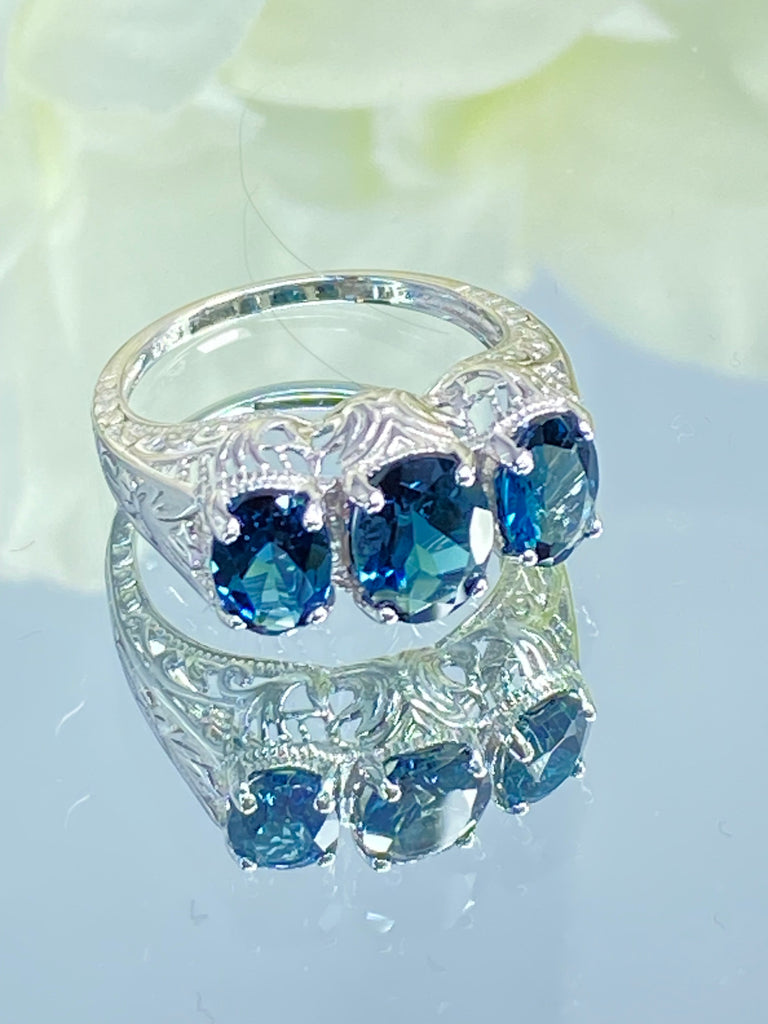 Natural London blue topaz Trinity 3 stone Ring, White Gold plated Sterling silver filigree, antique jewelry, silver embrace Jewelry, D41