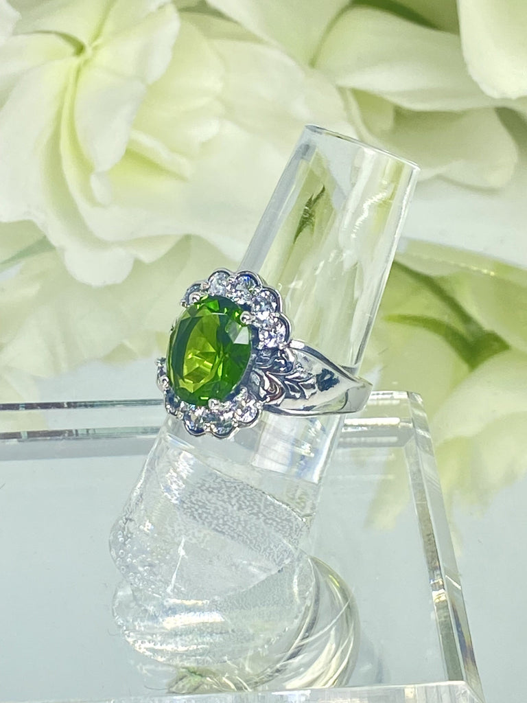 Peridot Ring, Oval gemstone, Sterling Silver Filigree, CZ accents, Starburst, D419, Silver Embrace Jewelry