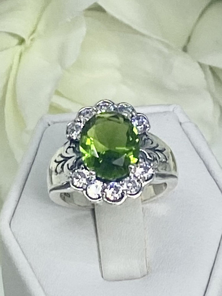 Peridot Ring, Oval gemstone, Sterling Silver Filigree, CZ accents, Starburst, D419, Silver Embrace Jewelry